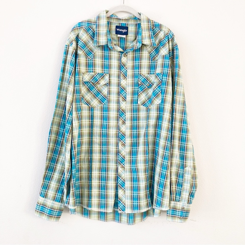 Wrangler Long Sleeve Western Snap Plaid Shirt Wrinkle Resist Blue Green XXL